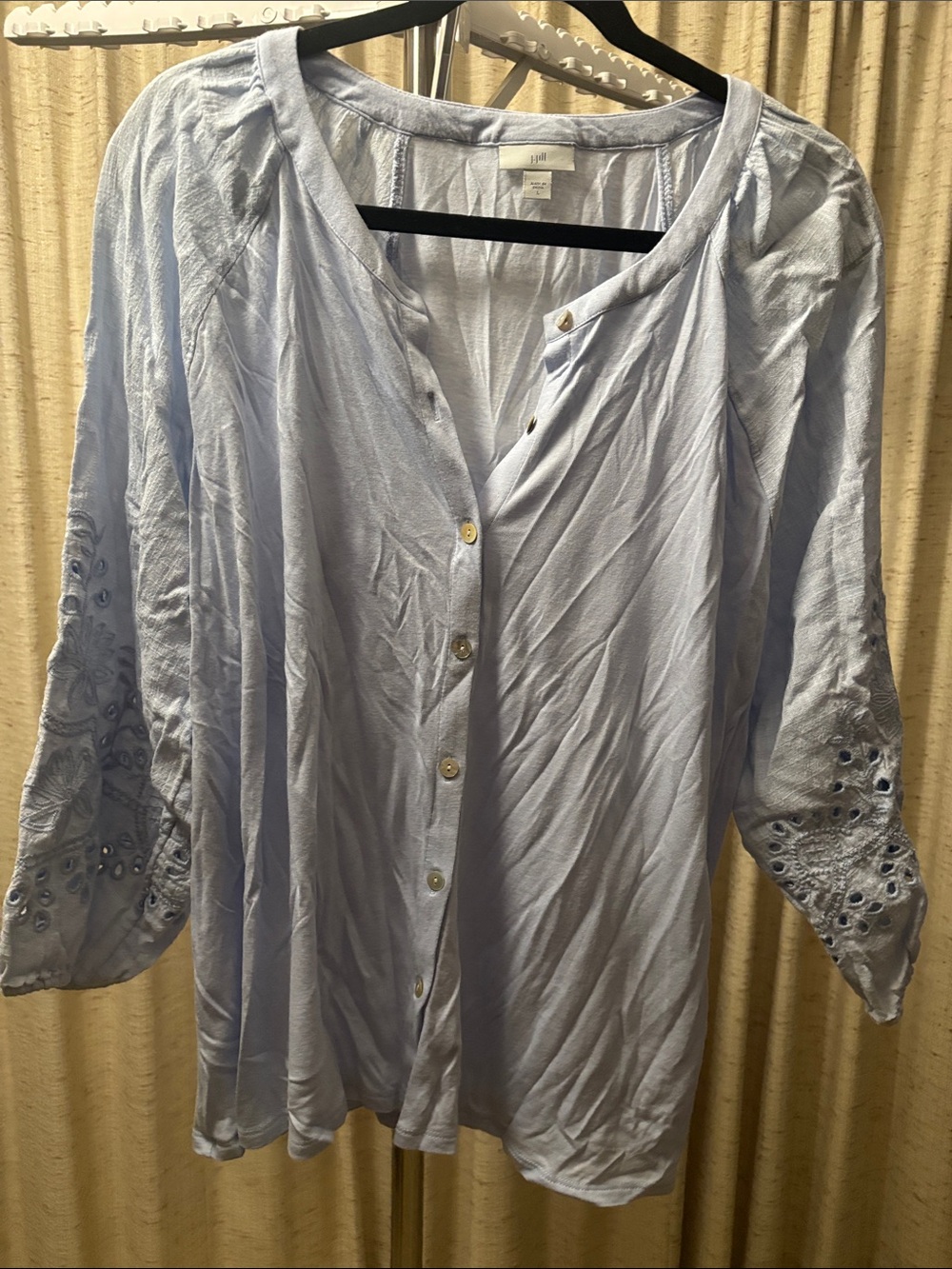 J. Jill Light Blue Button-Front Embroidered Sleeve Top